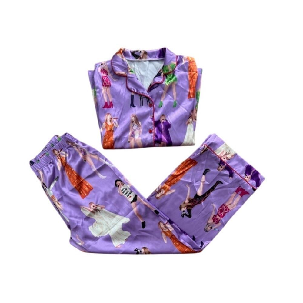 Taylor Swift Eras Print Women's Satin Pajama Two Piece PJ Set - Size Medium - Picture 2 of 4